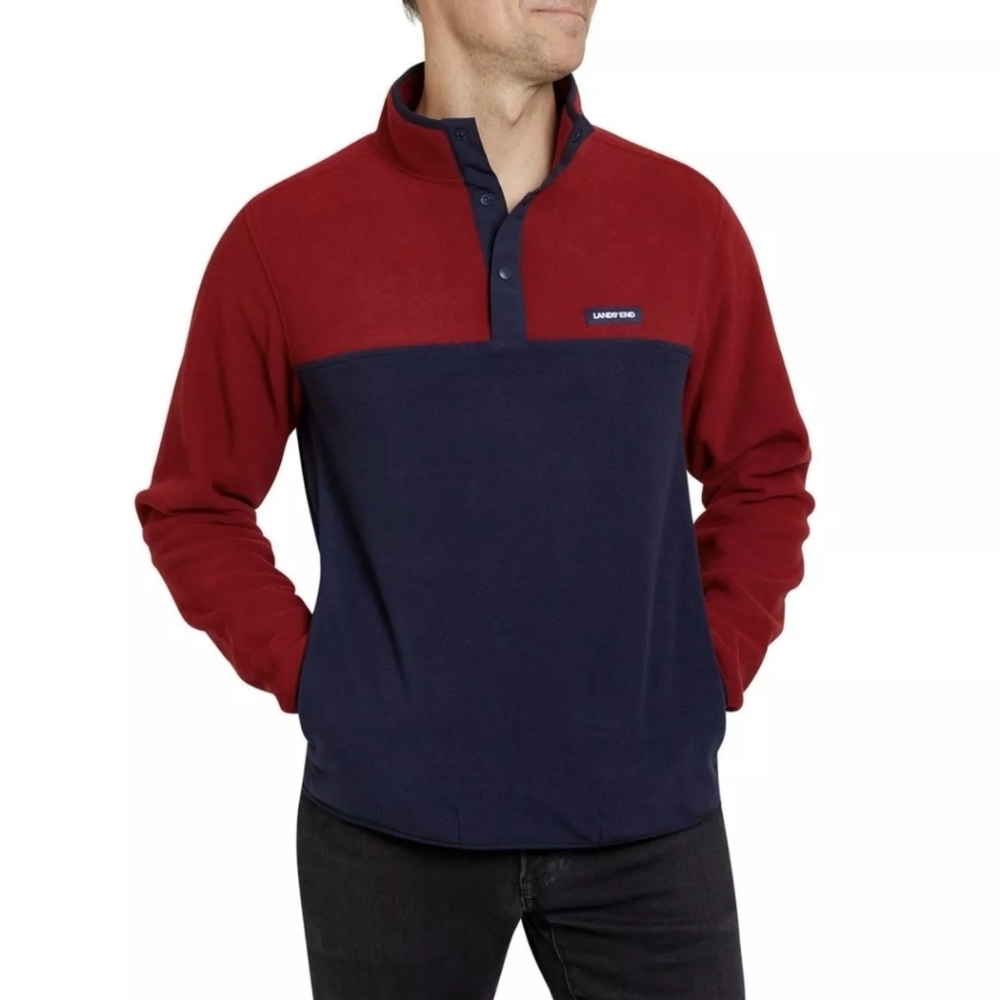 Lands’ End Navy Red Heritage Polar Fleece Snap Neck Pullover Men's Size XXL NWT